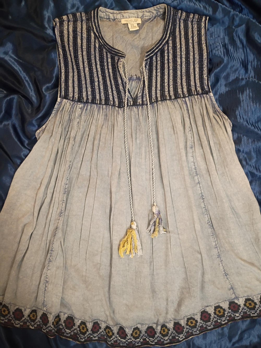 Rachel Zoe Light Blue Jean  Tank Top Navy Embroidery  And Fringed Tassel Detail